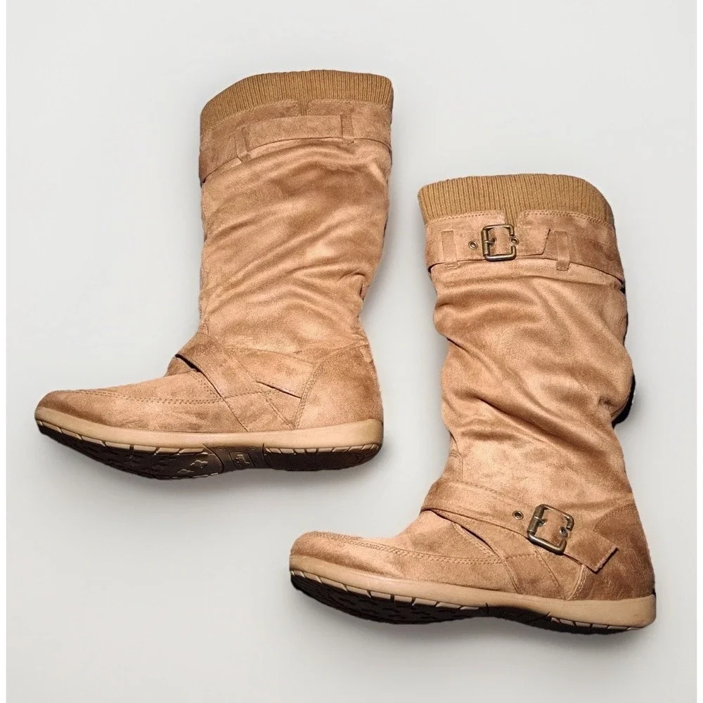Zigi Soho Marilyn Tan Slouchy Mid Calf Boots Womens 9 Ribbed Knit Buckle Straps